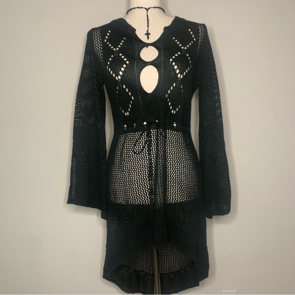 Gothic Black crochet cover up dress with flare sleeves size Medium